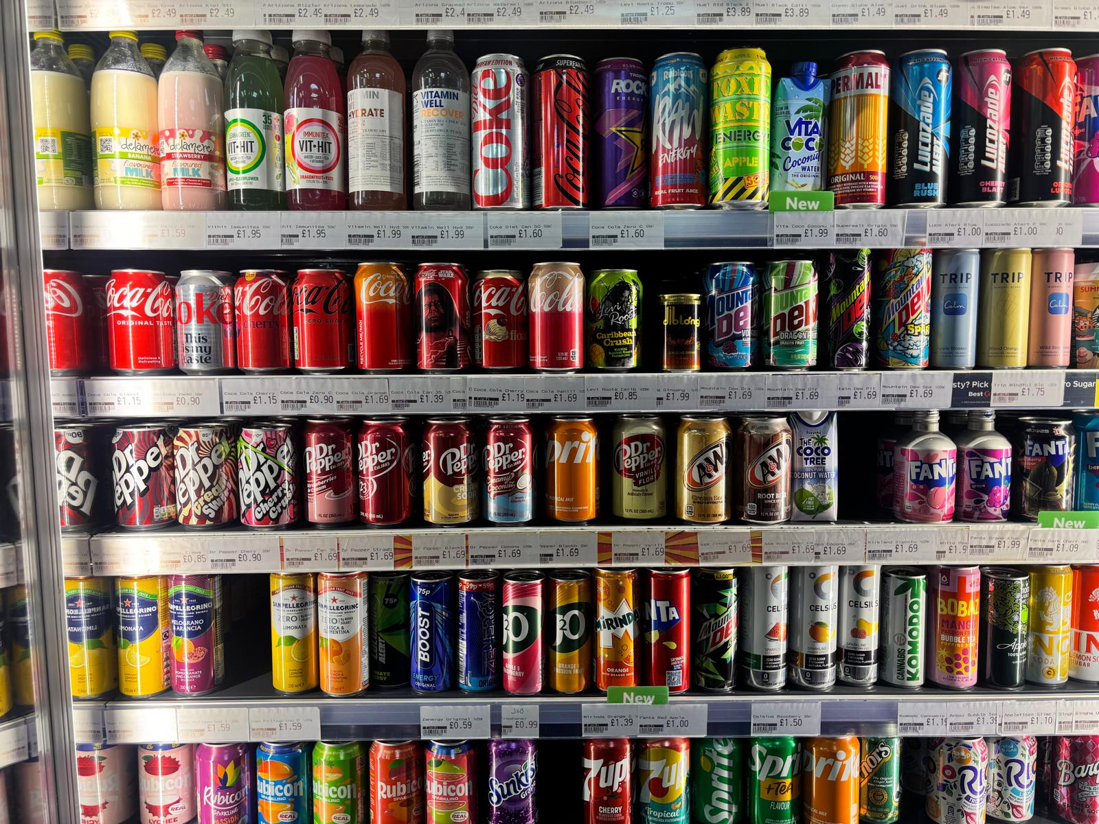 A colourful chilled drinks display in store