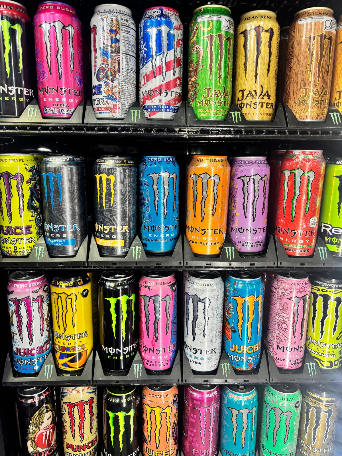 Large range of energy drink cans