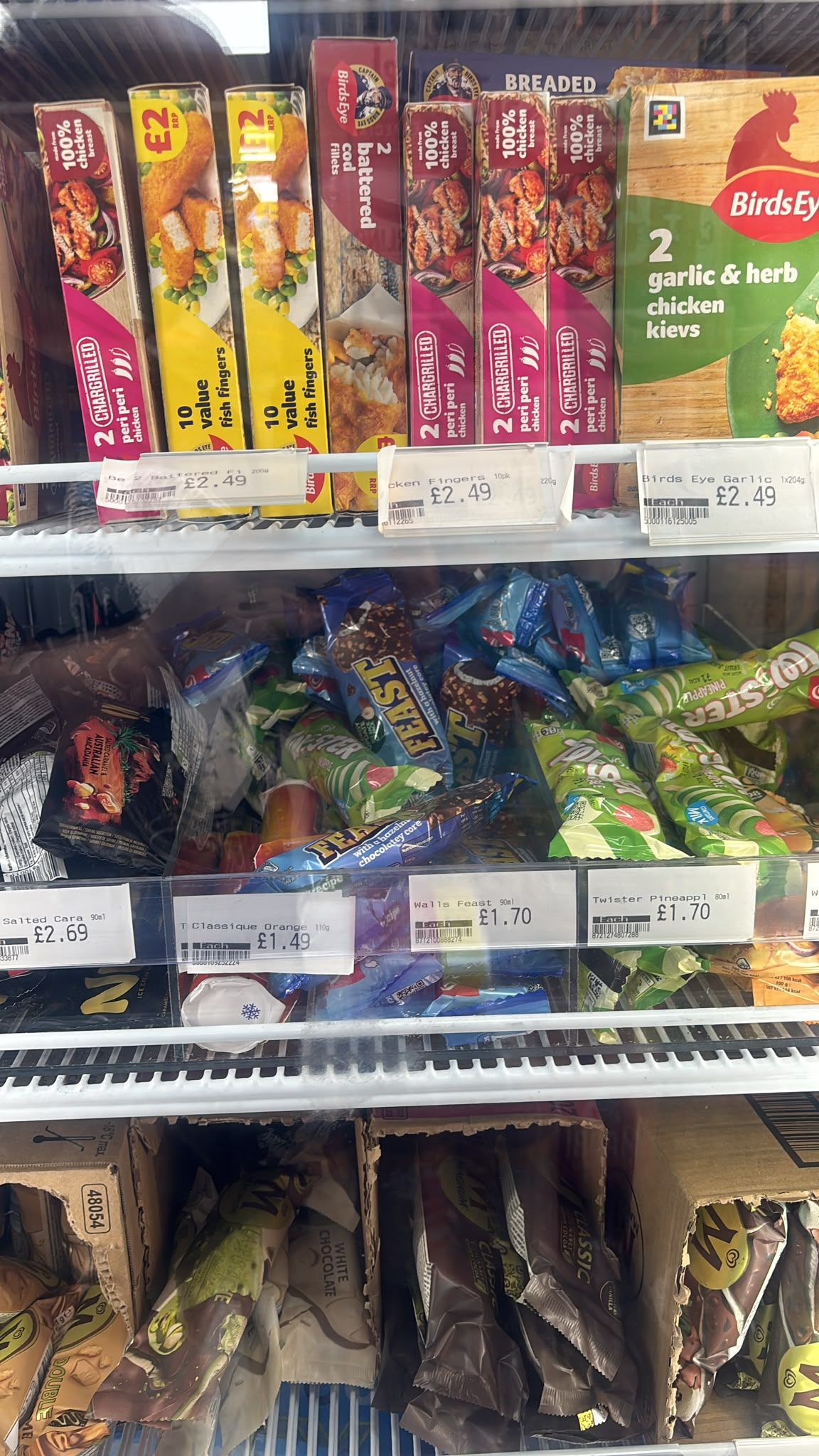 Frozen food including chicken, fish and ice cream