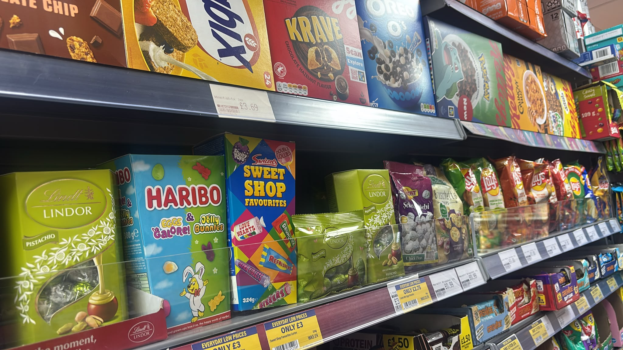 Colourful sweets, chocolate and snack display